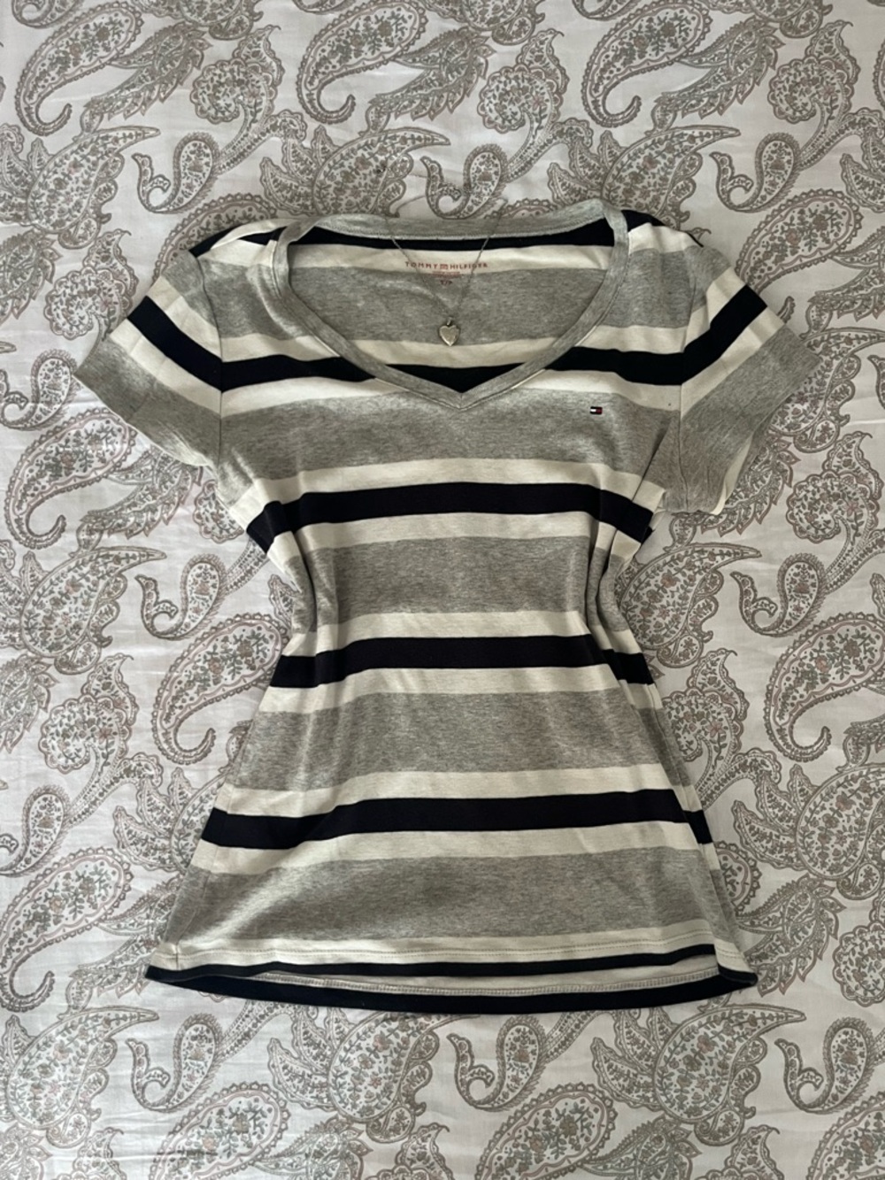 Tommy Hilfiger Women's Striped V-Neck Tee in Gray, Cream & Navy